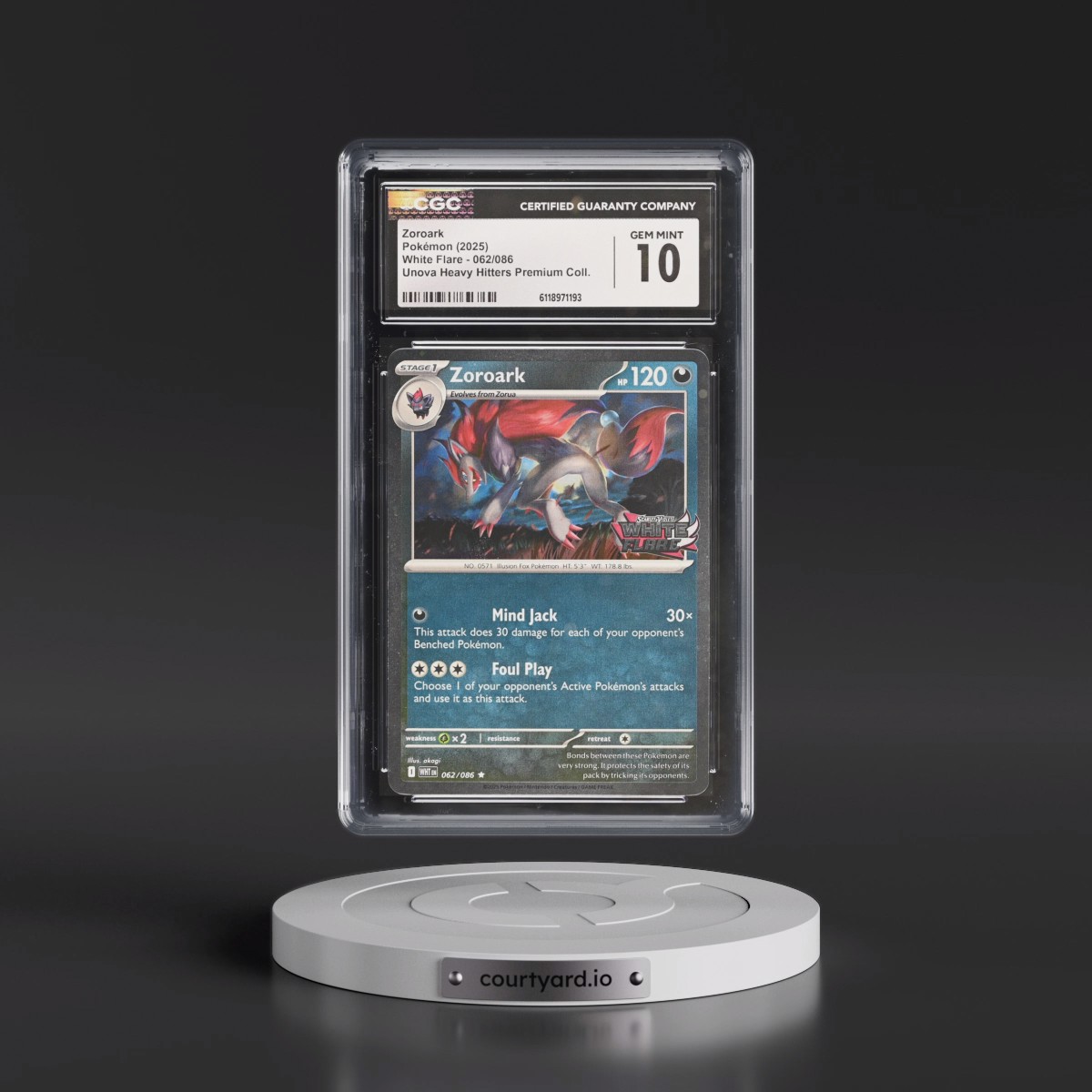 2025 White Flare - WHT EN #062/086 Zoroark - Unova Heavy Hitters Premium Collection (Cosmos Holo) (CGC 10 GEM MINT)