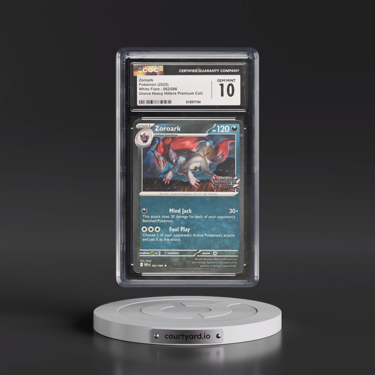 2025 White Flare - WHT EN #062/086 Zoroark - Unova Heavy Hitters Premium Collection (Cosmos Holo) (CGC 10 GEM MINT)