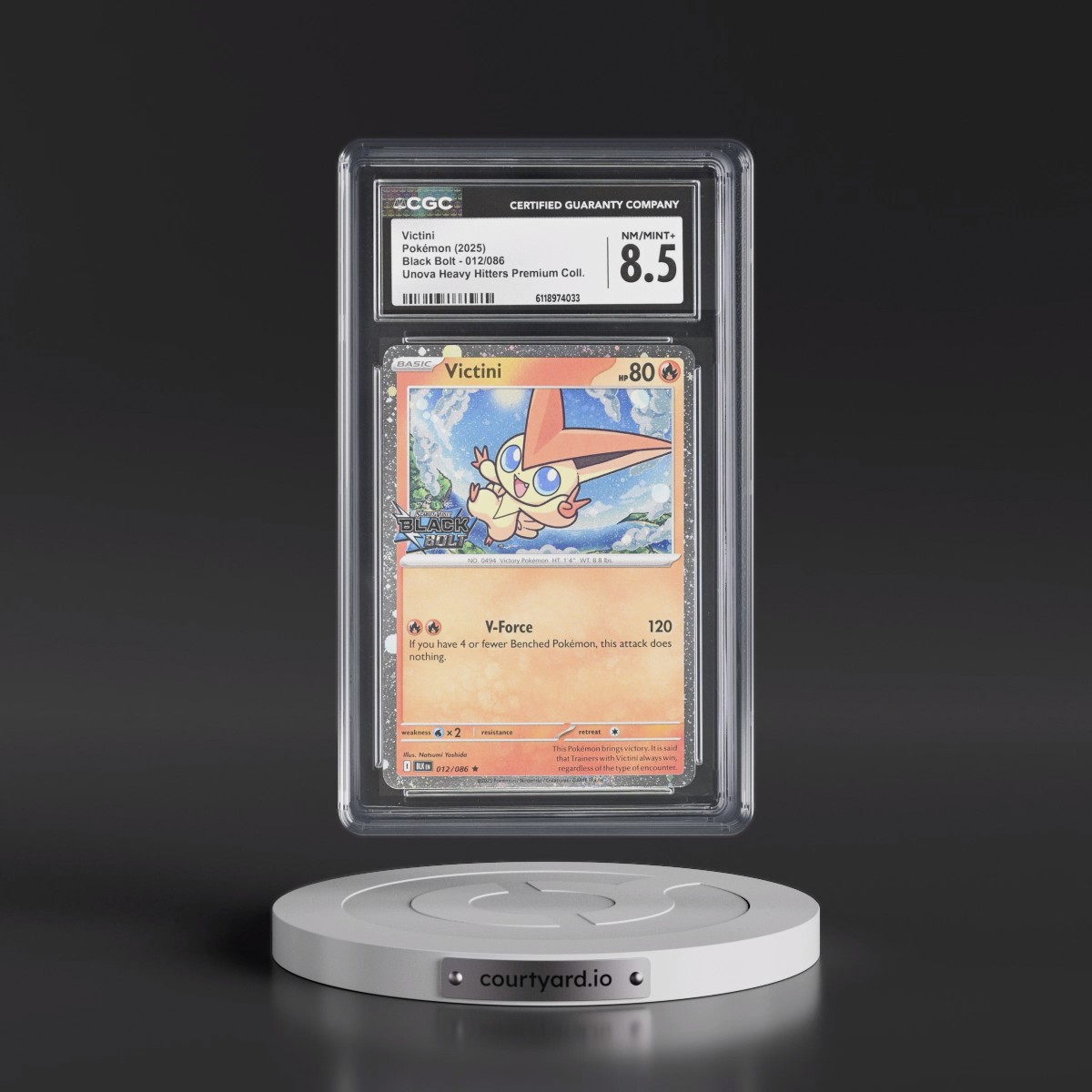 2025 Black Bolt - BLK EN #012/086 Victini - Unova Heavy Hitters Premium Collection (Cosmos Holo) (CGC 8.5 NM-MT+)