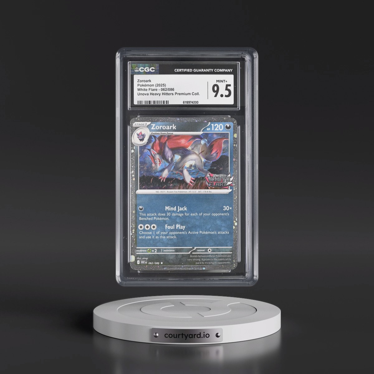 2025 White Flare - WHT EN #062/086 Zoroark - Unova Heavy Hitters Premium Collection (Cosmos Holo) (CGC 9.5 MINT+)