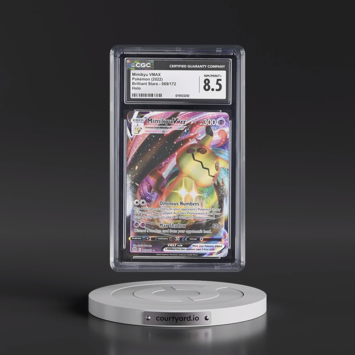 2022 Brilliant Stars #069/172 Mimikyu VMAX - Holo (CGC 8.5 NM-MT+)
