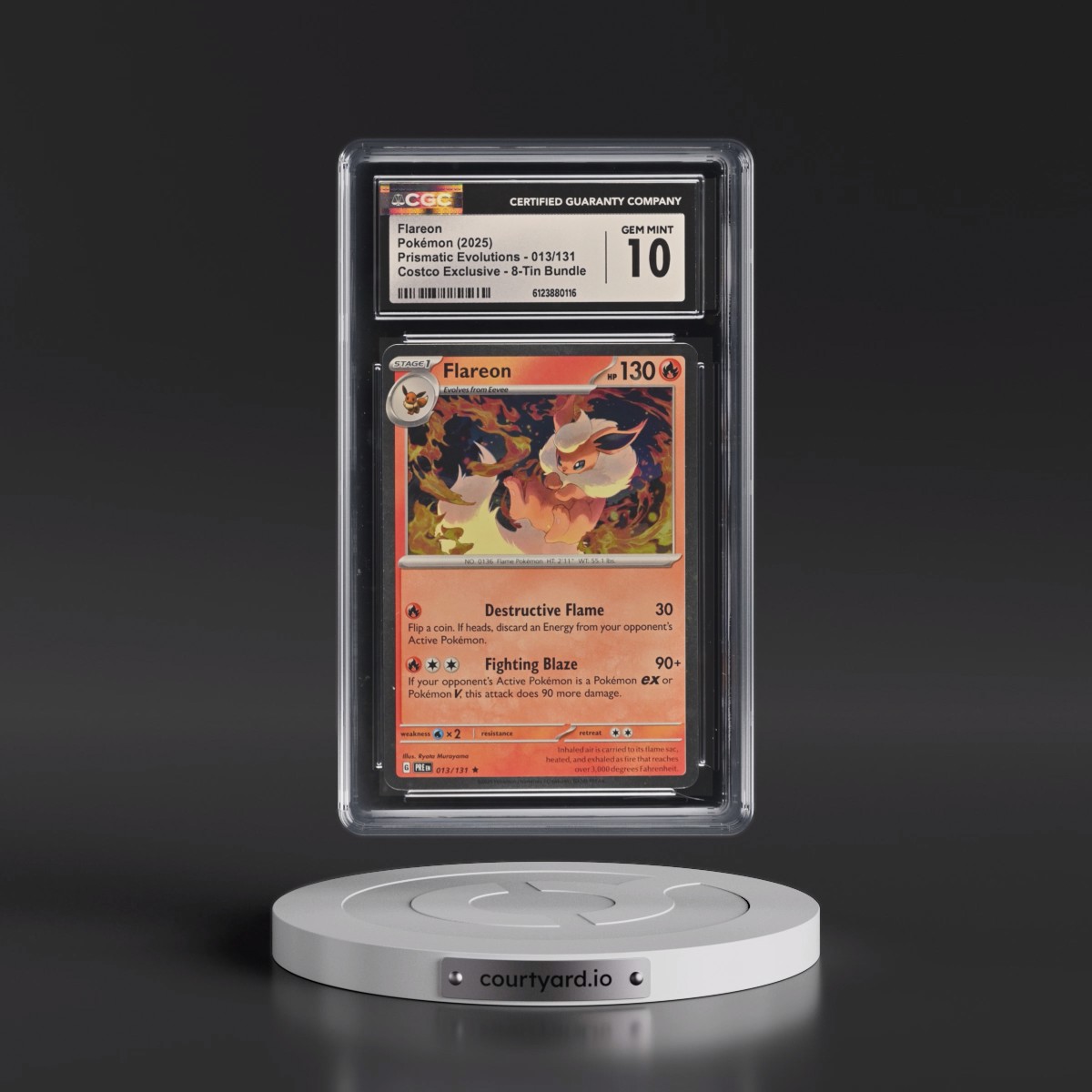 2024 Prismatic Evolutions - PRE EN #013/131 Flareon - (Cosmos Holo) Costco Exclusive 8-Tin Bundle (CGC 10 GEM MINT)