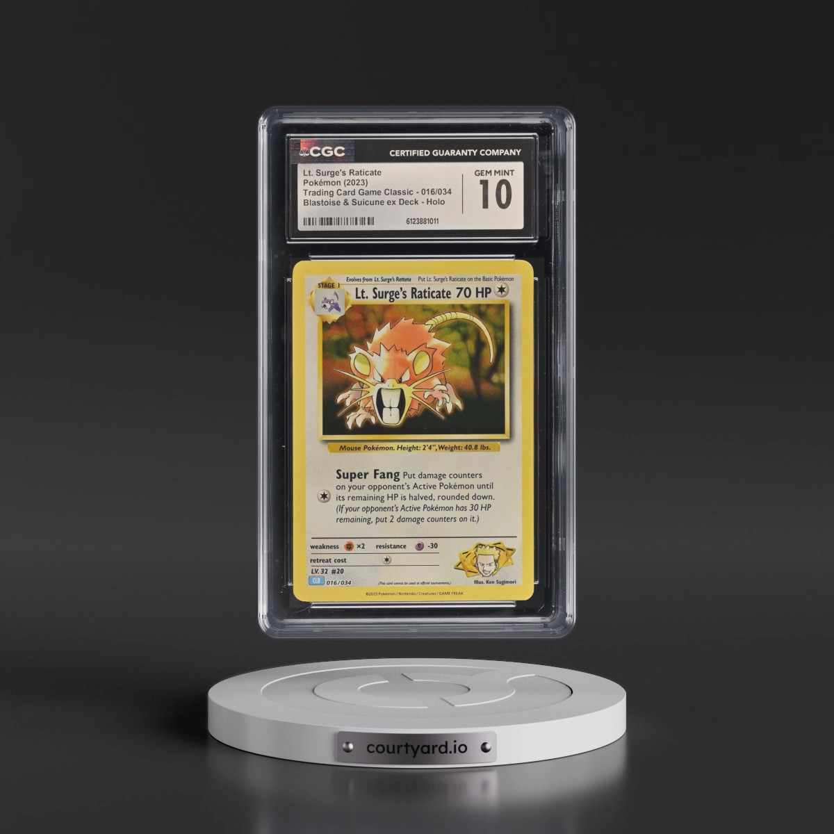 2023 Trading Card Game Classic - CLV, CLC, CLB #016/034 Lt. Surge's Raticate - Blastoise & Suicune ex Deck - CLB Holo (CGC 10 GEM MINT)