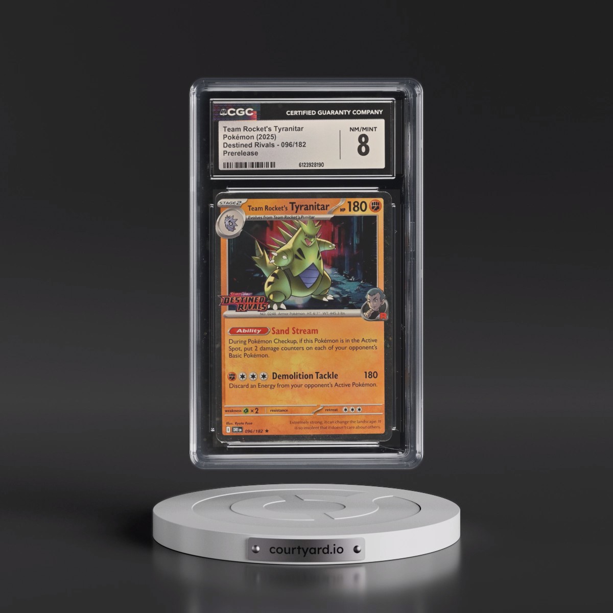 2025 Destined Rivals - DRI EN #096/182 Team Rocket's Tyranitar - Prerelease (Cosmos Holo) (CGC 8 NM-MT)