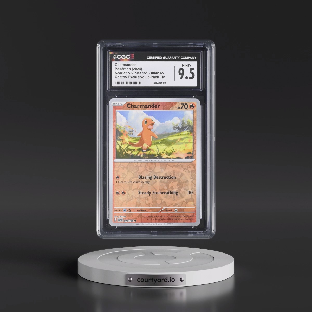 2023 Scarlet & Violet 151 - MEW EN #004/165 Charmander - (Rev. Cos. Holo)Costco Exclusive (2023 on Card) 5-Pack Tin (CGC 9.5 MINT+)