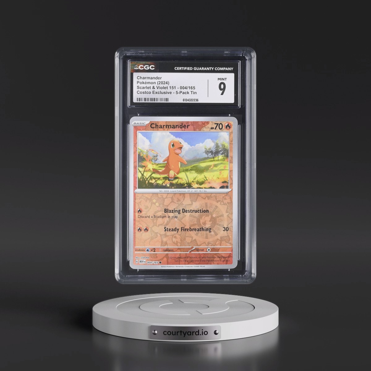 2023 Scarlet & Violet 151 - MEW EN #004/165 Charmander - (Rev. Cos. Holo)Costco Exclusive (2023 on Card) 5-Pack Tin (CGC 9 MINT)