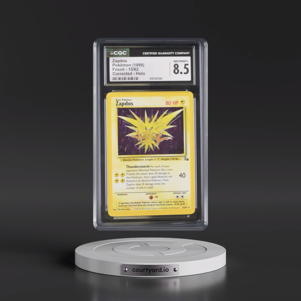 1999 Fossil #15/62 Zapdos - Corrected Galaxy Star Holo (CGC 8.5 NM-MT+)