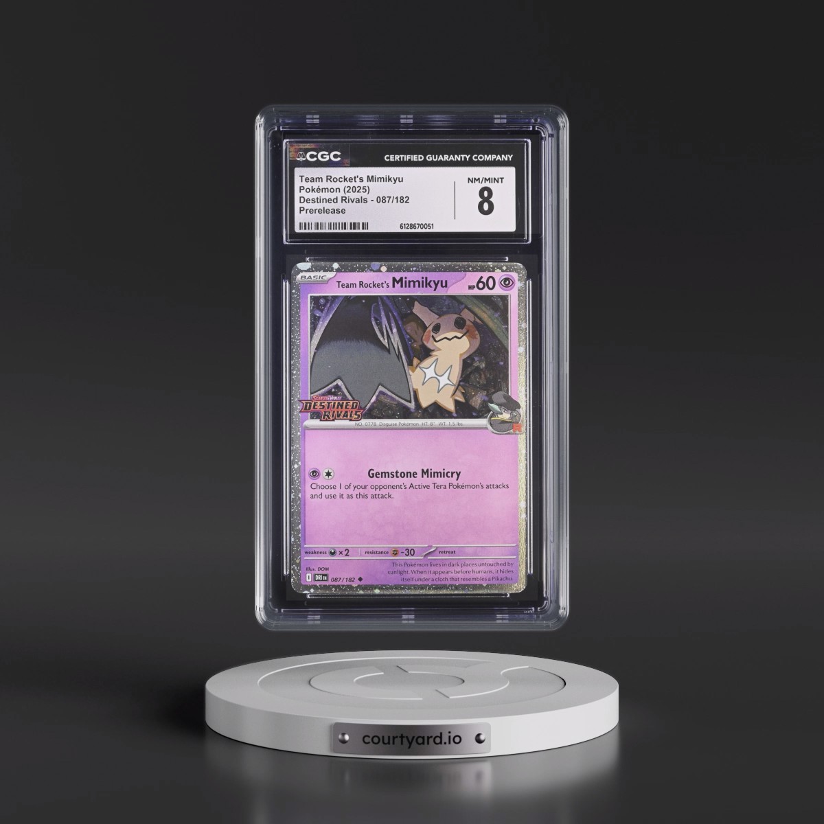 2025 Destined Rivals - DRI EN #087/182 Team Rocket's Mimikyu - Prerelease (Cosmos Holo) (CGC 8 NM-MT)