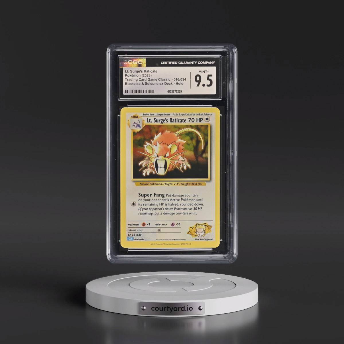 2023 Trading Card Game Classic - CLV, CLC, CLB #016/034 Lt. Surge's Raticate - Blastoise & Suicune ex Deck - CLB Holo (CGC 9.5 MINT+)