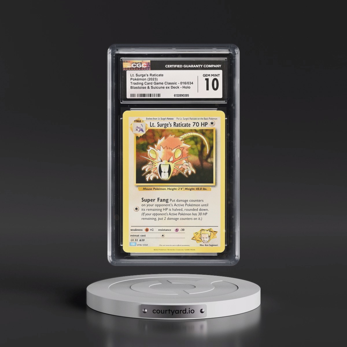 2023 Trading Card Game Classic - CLV, CLC, CLB #016/034 Lt. Surge's Raticate - Blastoise & Suicune ex Deck - CLB Holo (CGC 10 GEM MINT)