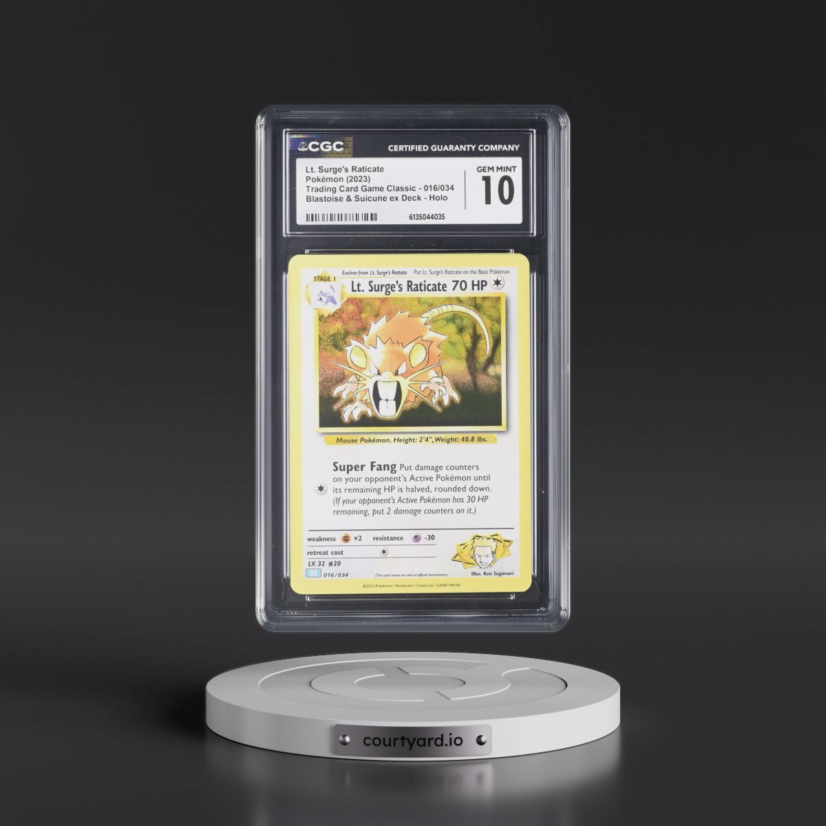 2023 Trading Card Game Classic - CLV, CLC, CLB #016/034 Lt. Surge's Raticate - Blastoise & Suicune ex Deck - CLB Holo (CGC 10 GEM MINT)