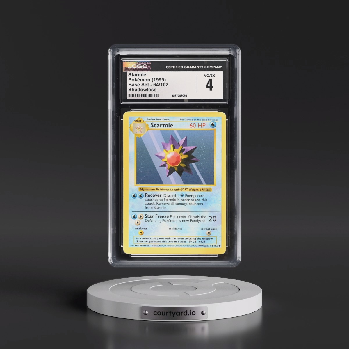 1999 Base Set #64/102 Starmie - Shadowless Shadowless (CGC 4 VG-EX)