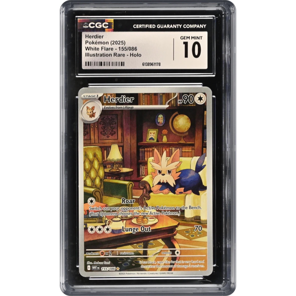 2025 White Flare - WHT EN #155/086 Herdier - Illustration Rare Holo (CGC 10 GEM MINT)