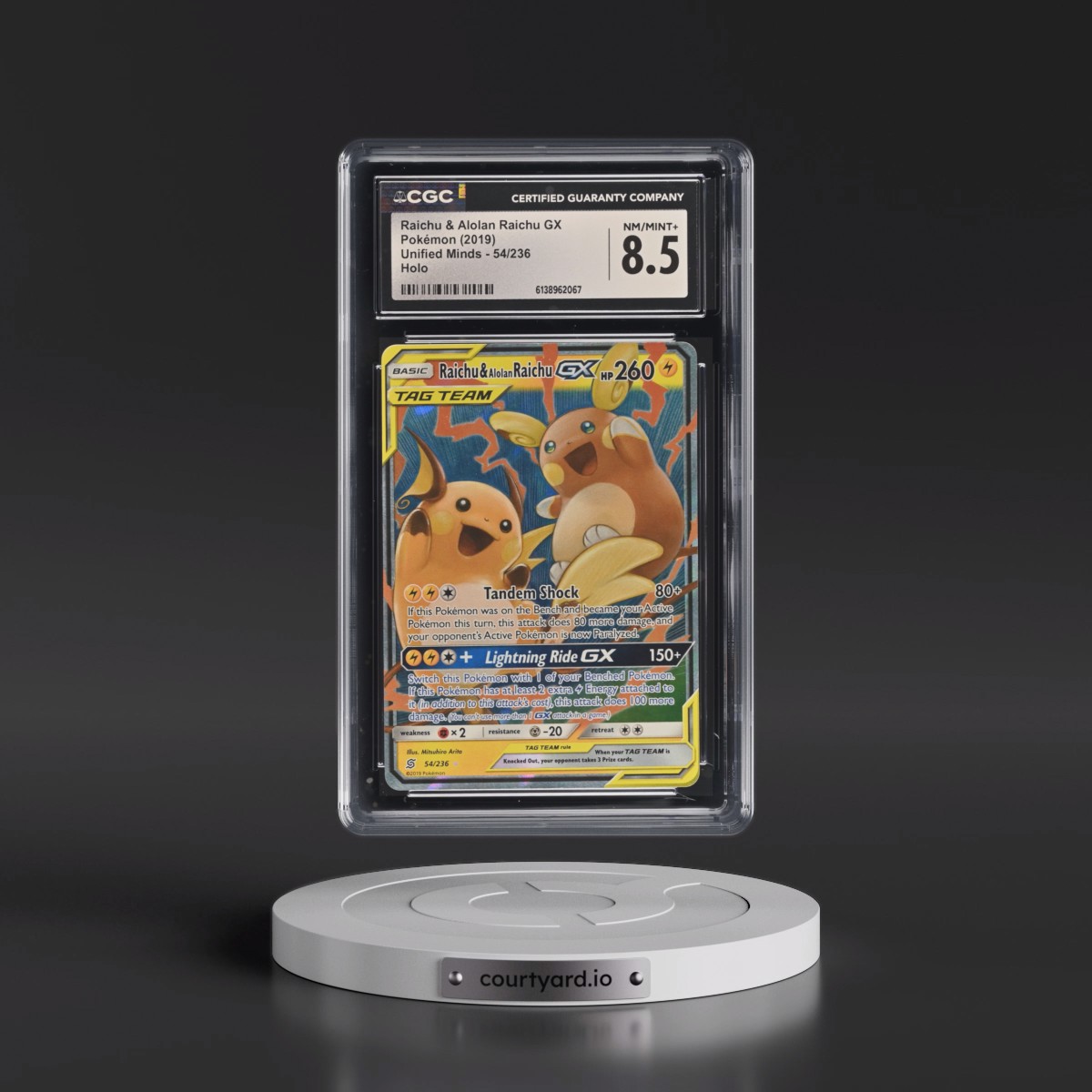 2019 Unified Minds #54/236 Raichu & Alolan Raichu GX - Holo (CGC 8.5 NM-MT+)