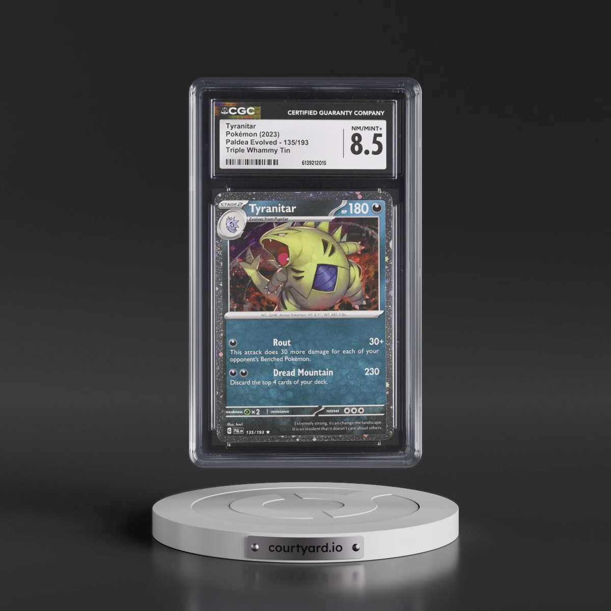 2023 Paldea Evolved - PAL EN #135/193 Tyranitar - Triple Whammy Tin (Cosmos Holo) (CGC 8.5 NM-MT+)