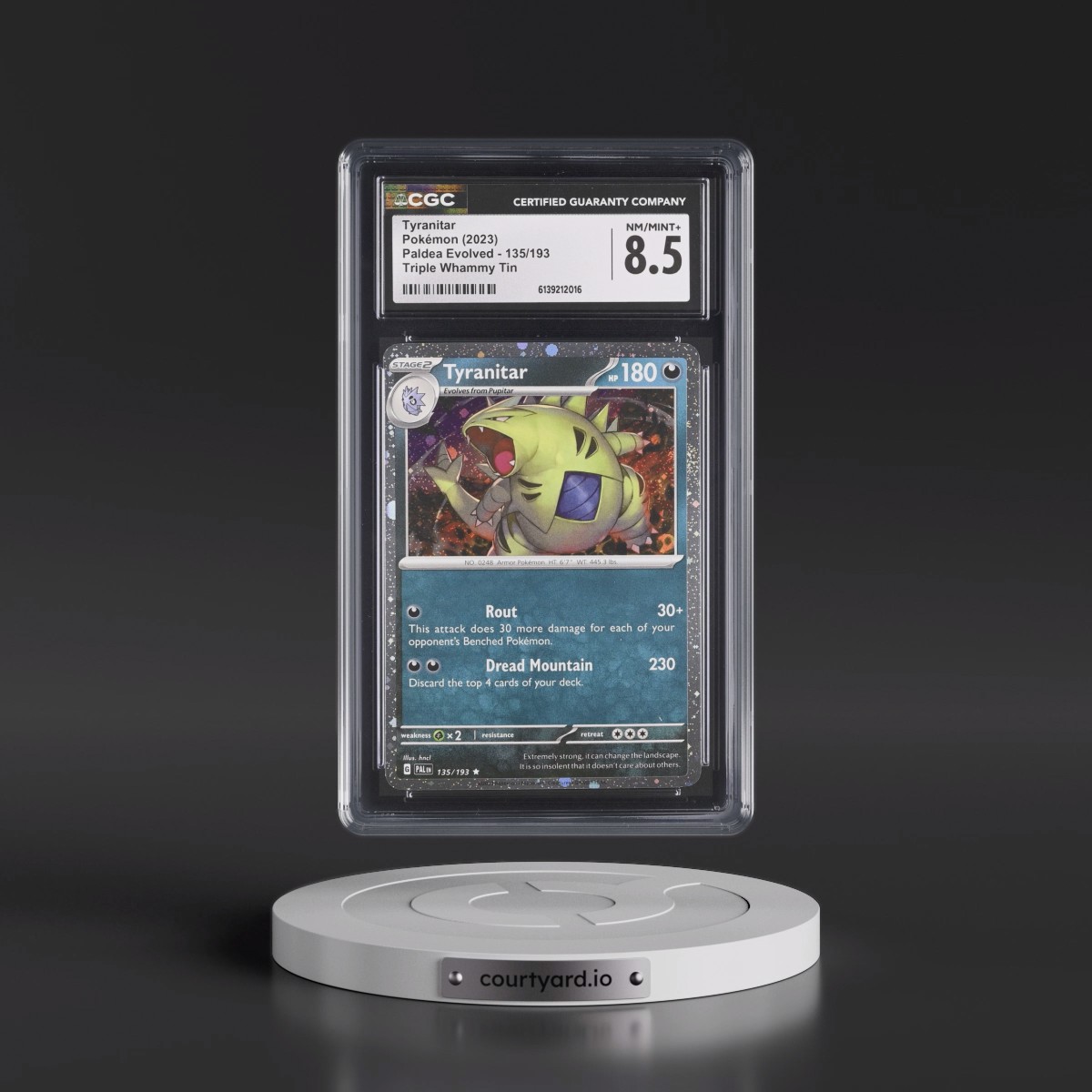 2023 Paldea Evolved - PAL EN #135/193 Tyranitar - Triple Whammy Tin (Cosmos Holo) (CGC 8.5 NM-MT+)