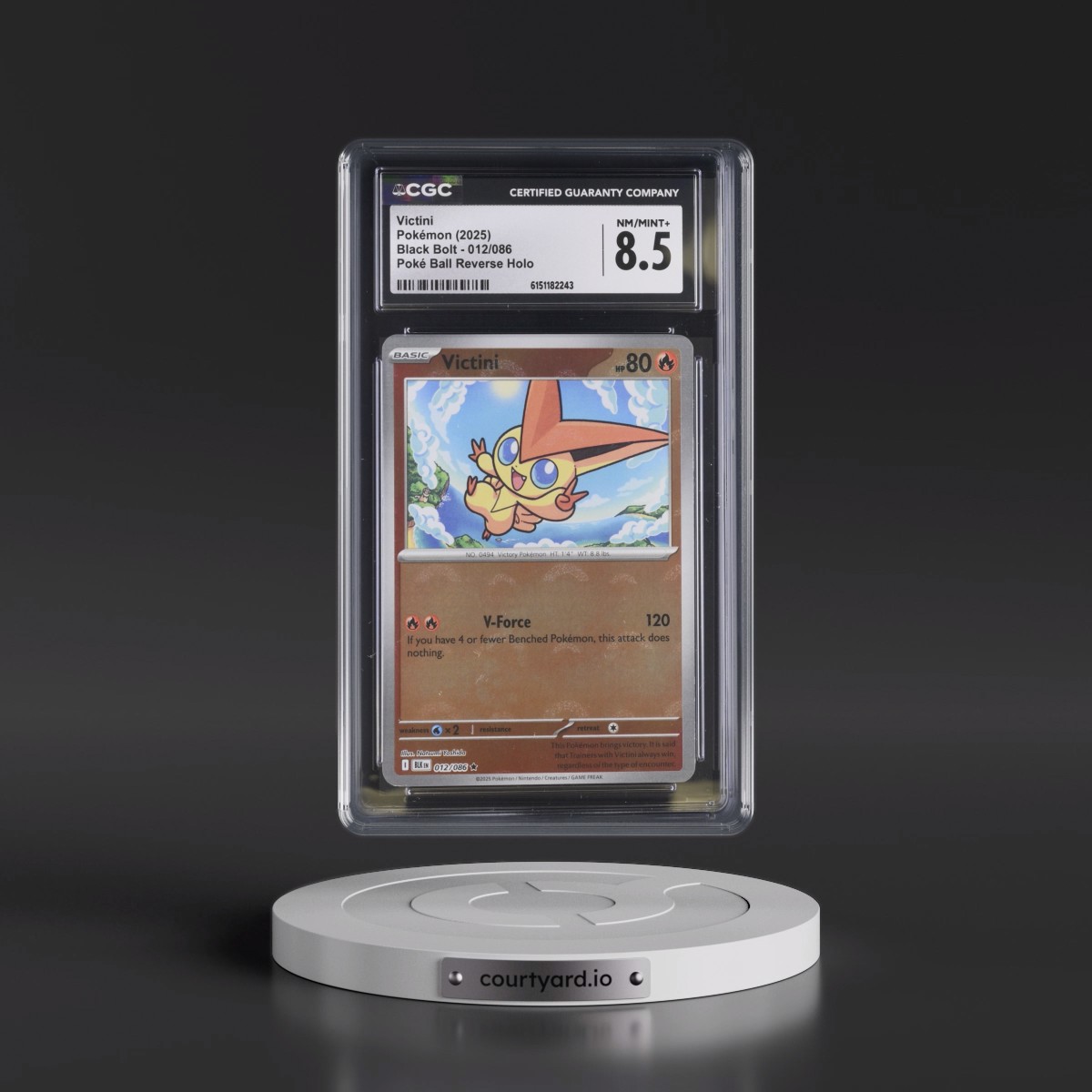 2025 Black Bolt - BLK EN #012/086 Victini - Reverse Holo Poké Ball (CGC 8.5 NM-MT+)