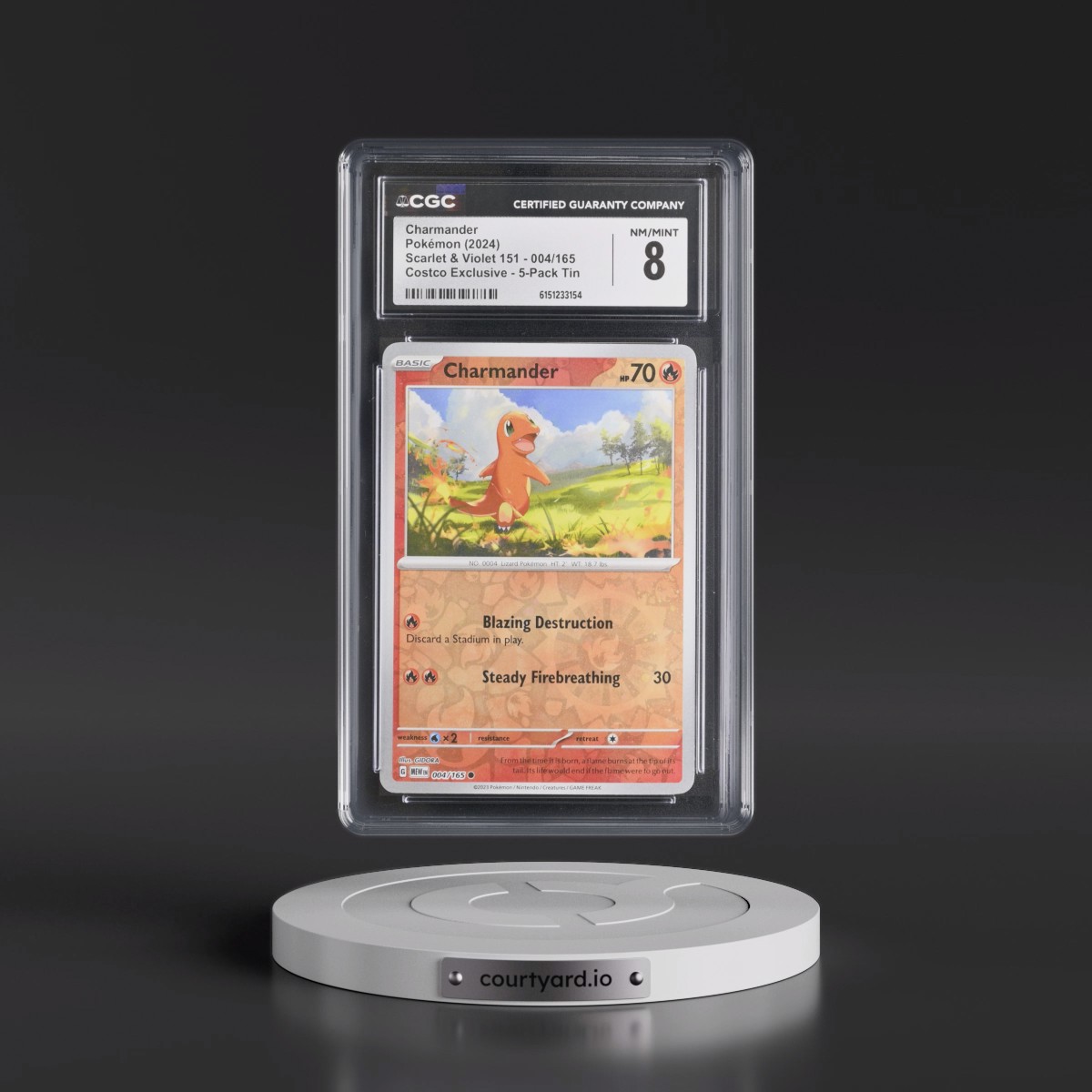 2023 Scarlet & Violet 151 - MEW EN #004/165 Charmander - (Rev. Cos. Holo)Costco Exclusive (2023 on Card) 5-Pack Tin (CGC 8 NM-MT)