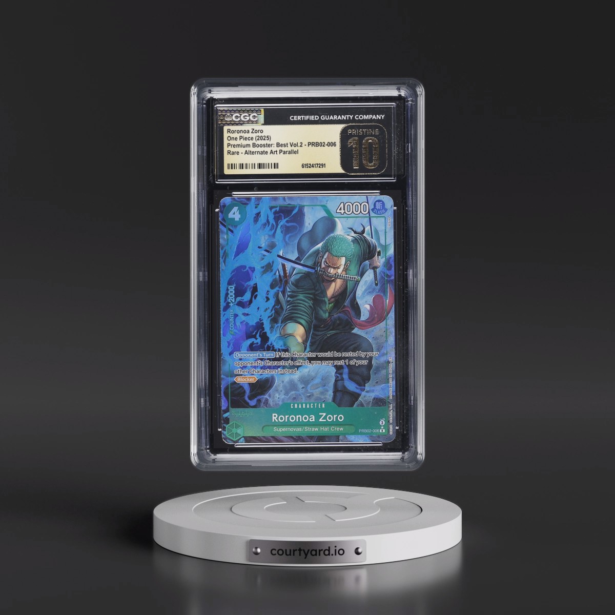 2025 Premium Booster: The Best Vol.2 (PRB-02) - English #PRB02-006 Roronoa Zoro - (Borderless) Alt Art (EN above Japan on Border) (CGC 10 PRISTINE)