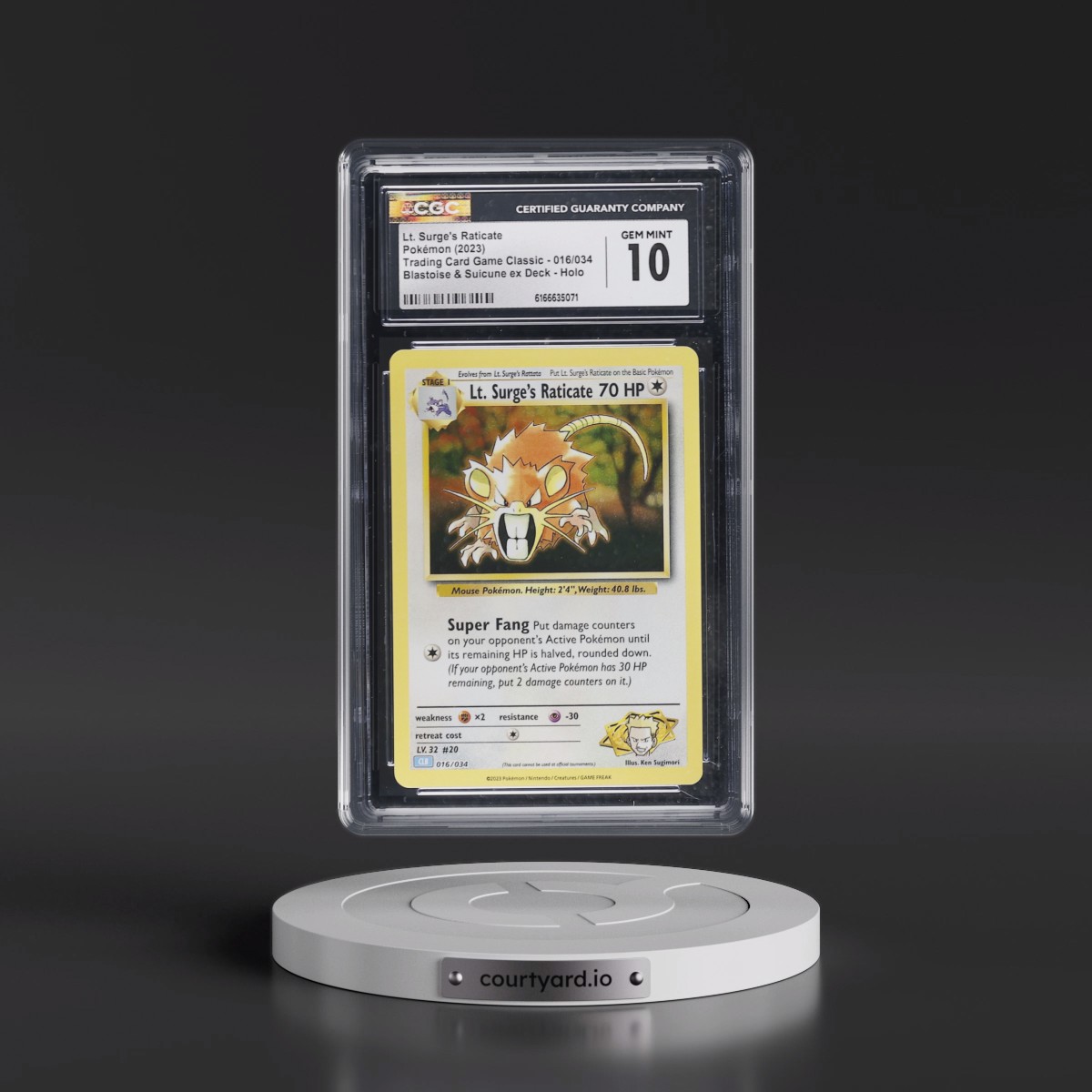 2023 Trading Card Game Classic - CLV, CLC, CLB #016/034 Lt. Surge's Raticate - Blastoise & Suicune ex Deck - CLB Holo (CGC 10 GEM MINT)
