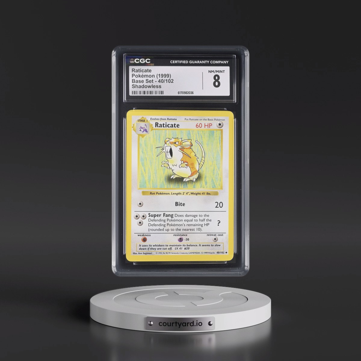 1999 Base Set #40/102 Raticate - Shadowless Shadowless (CGC 8 NM-MT)