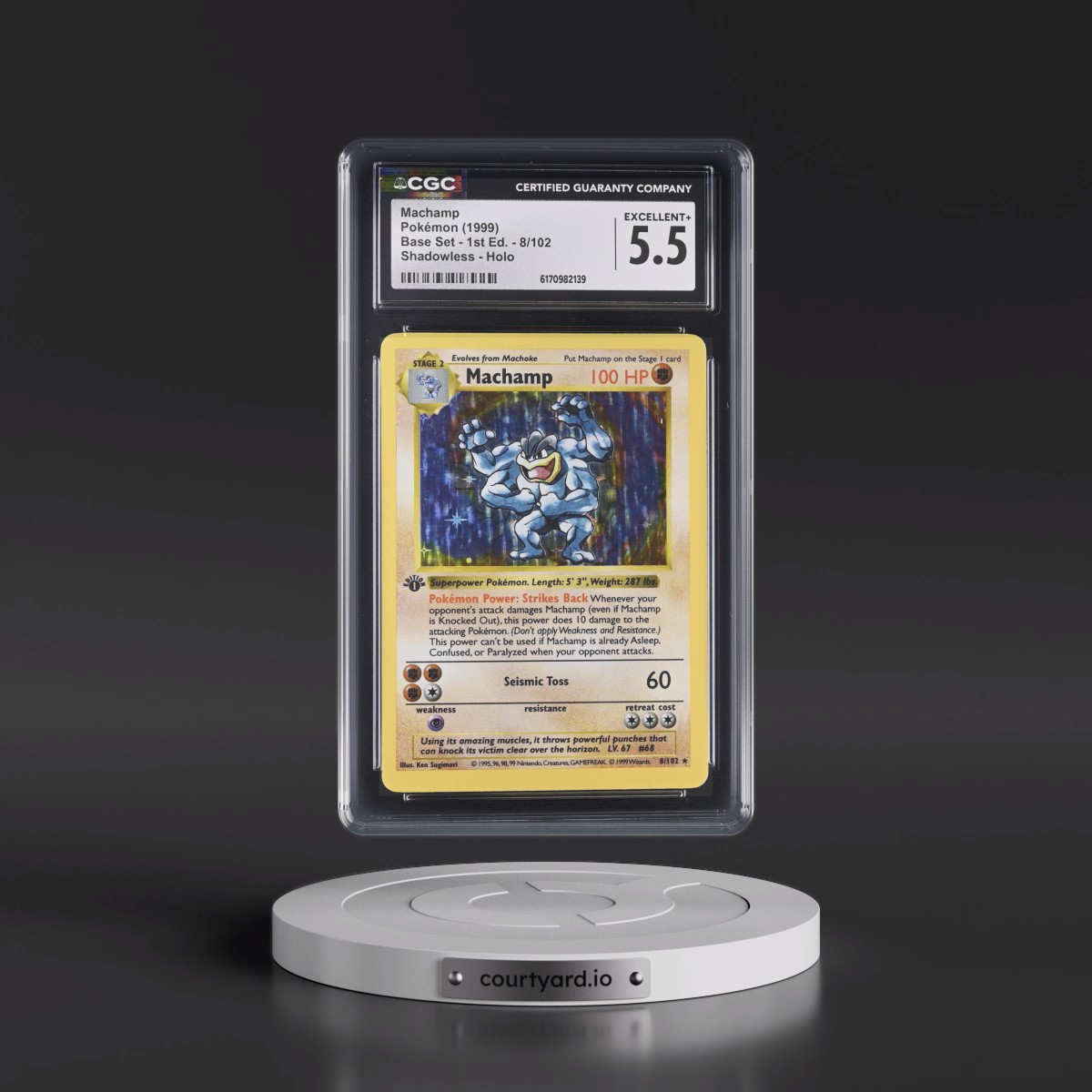 1999 Base Set #8/102 Machamp - 1st Edition Shadowless Holo (CGC 5.5 EX+)