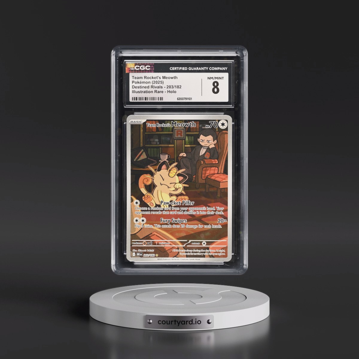 2025 Destined Rivals - DRI EN #203/182 Team Rocket's Meowth - Illustration Rare Holo (CGC 8 NM-MT)