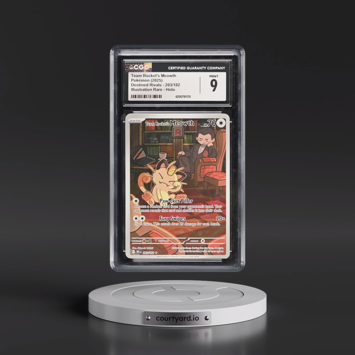 2025 Destined Rivals - DRI EN #203/182 Team Rocket's Meowth - Illustration Rare Holo (CGC 9 MINT)
