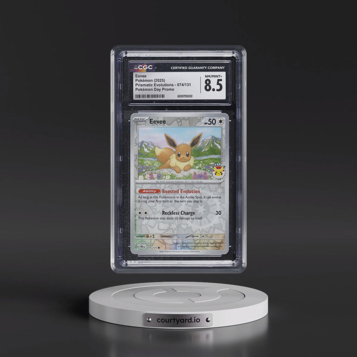 2024 Prismatic Evolutions - PRE EN #074/131 Eevee - Pokémon Day Promo (Reverse Cosmos Holo) (CGC 8.5 NM-MT+)