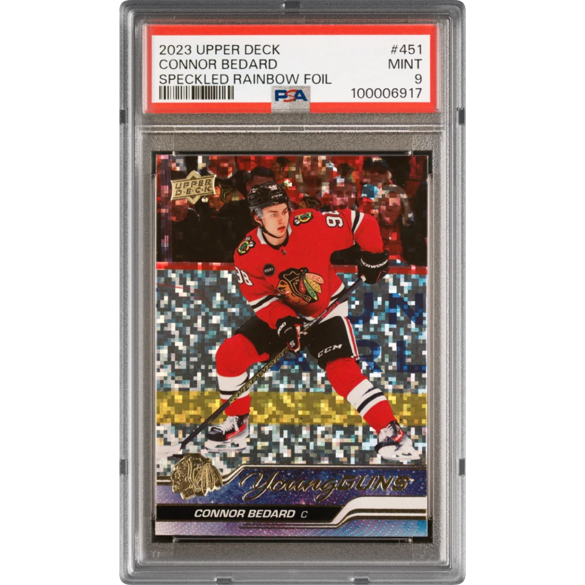 2023 Upper Deck #451 Connor Bedard - Speckled Rainbow Foil, PSA 9