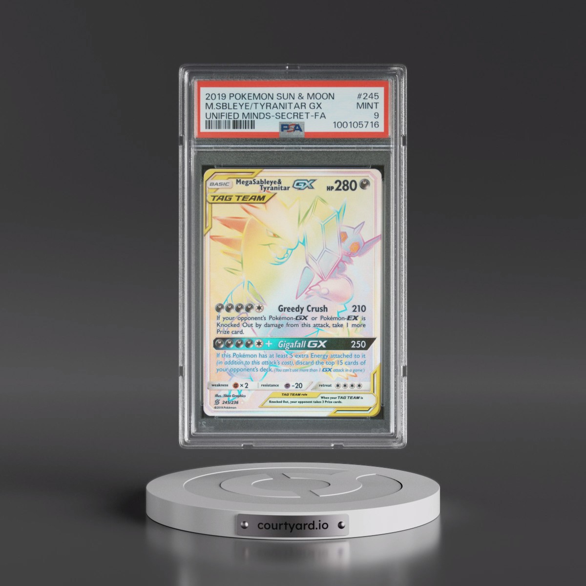2019 Pokémon Sun & Moon Unified Minds #245 Mega Sableye & Tyranitar GX - Holo Full Art Secret (PSA 9 MINT)
