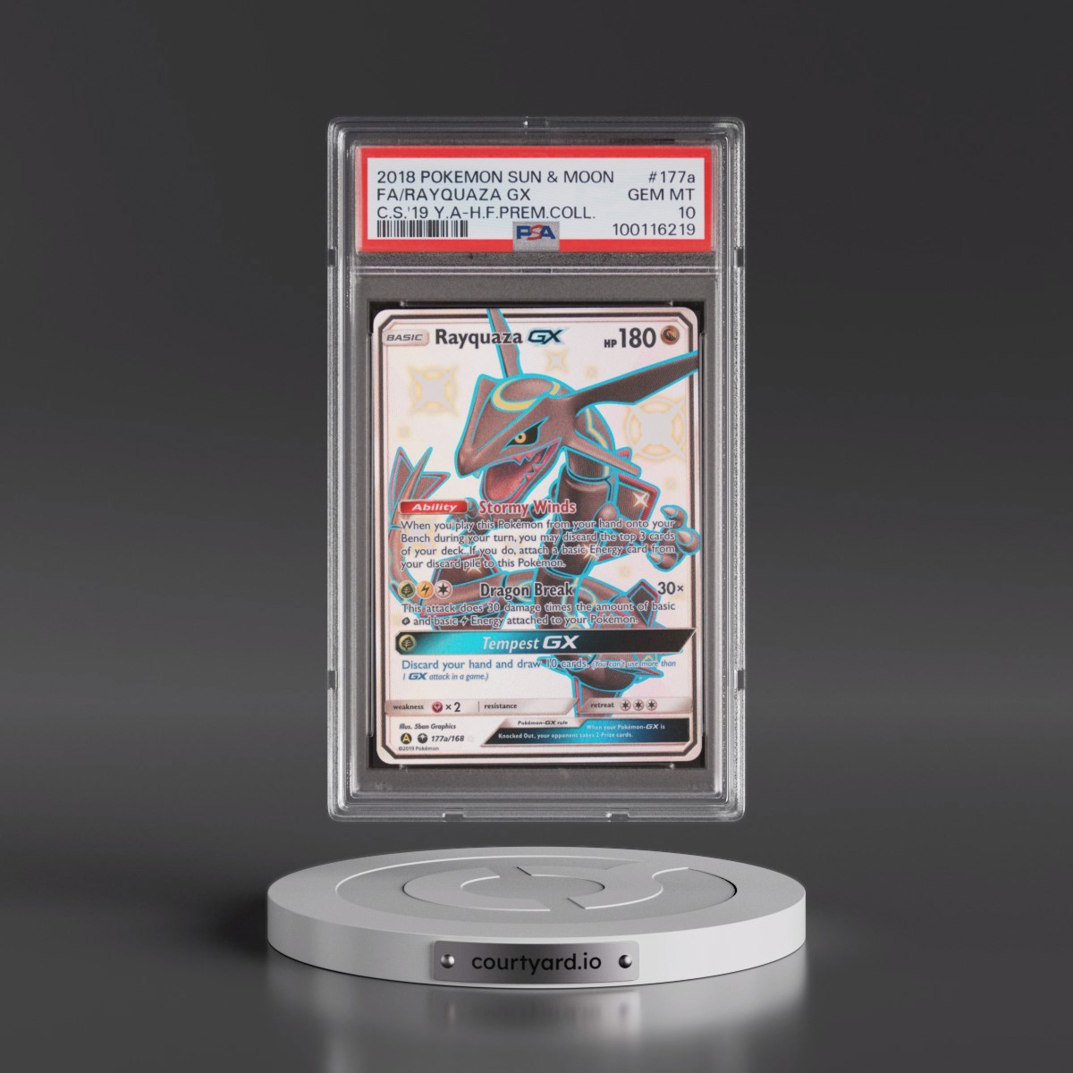 2018 Pokémon Sun & Moon Celestial Storm #177a Rayquaza GX - Holo Full Art 2019 Yellow A Hidden Fates Premium Collection (PSA 10 GEM MINT)