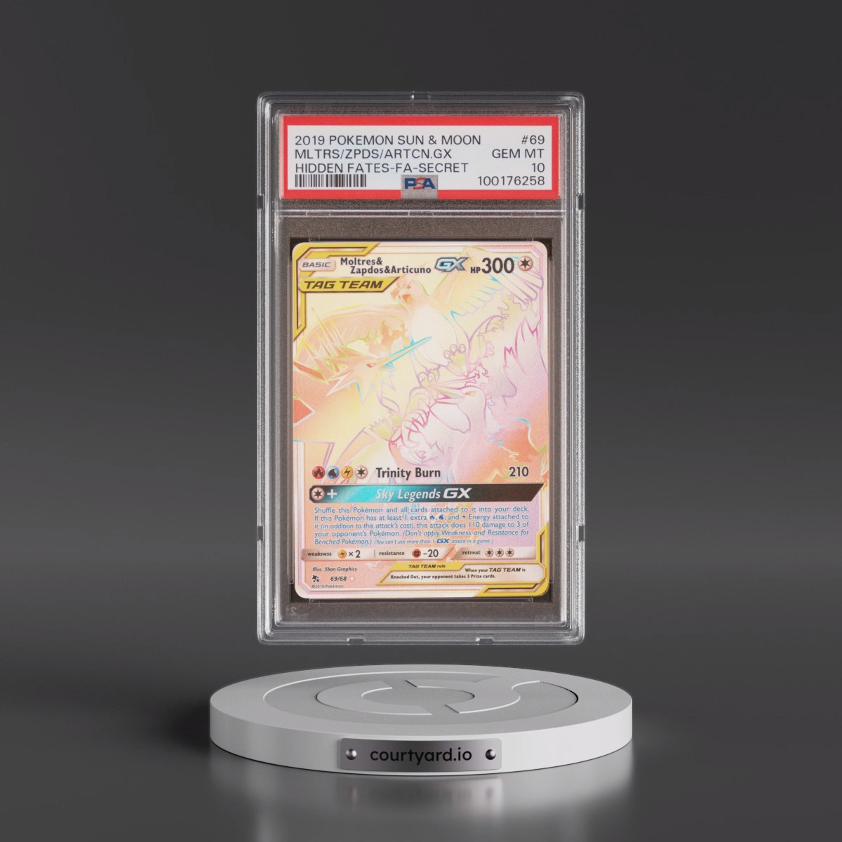 2019 Pokémon Sun & Moon Hidden Fates #69 Moltres & Zapdos & Articuno GX - Holo Full Art Secret (PSA 10 GEM MINT)