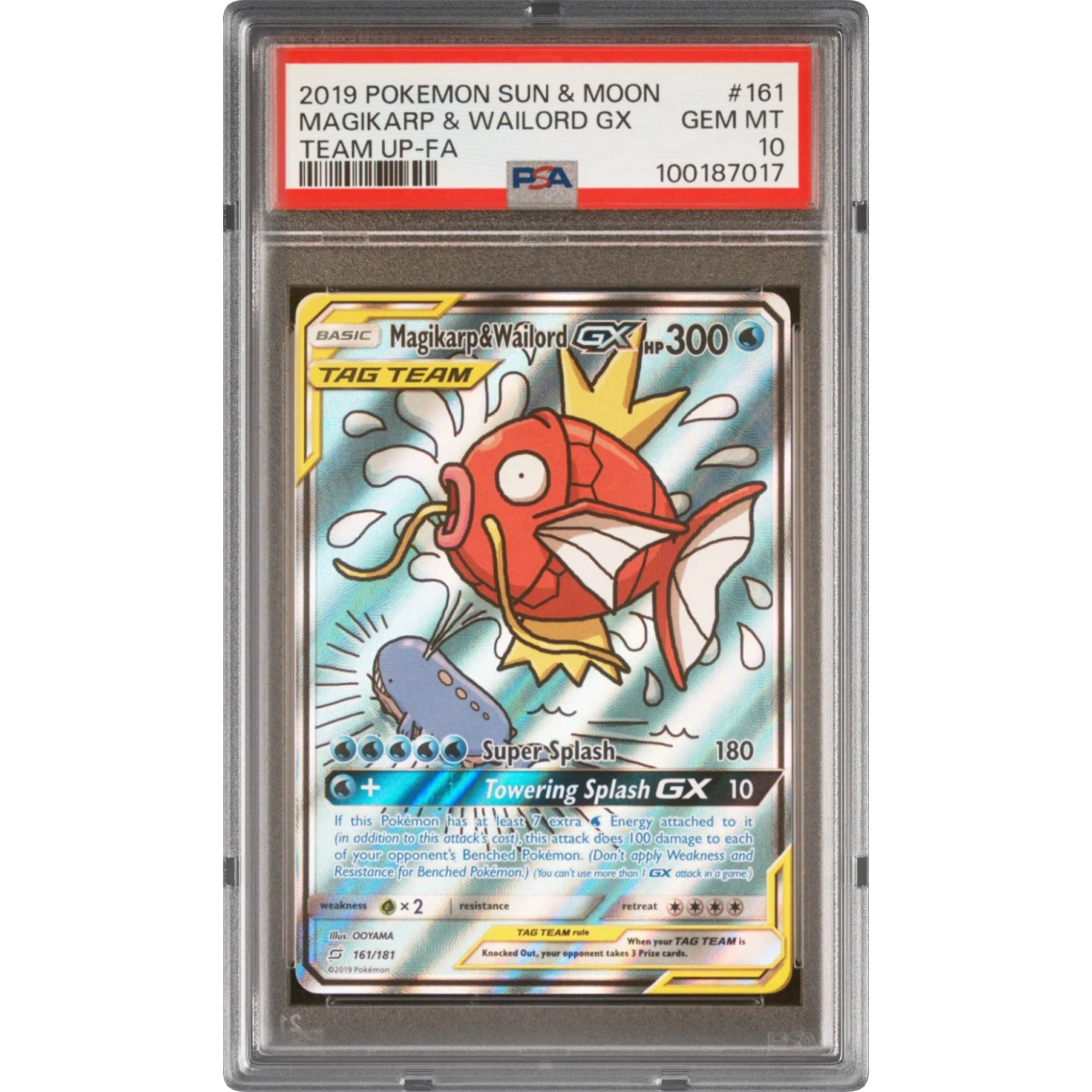 2019 Pokémon Sun & Moon Team Up #161 Magikarp & Wailord GX - Holo Full Art, PSA 10