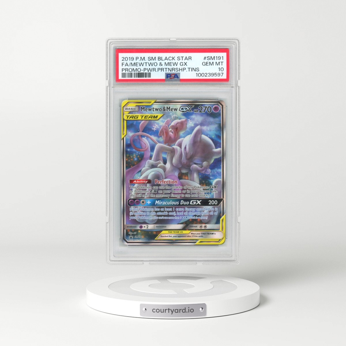 2019 Pokémon SM Black Star Promo #SM191 Mewtwo & Mew GX - Holo Full Art Power Partnership Tins (PSA 10 GEM MINT)