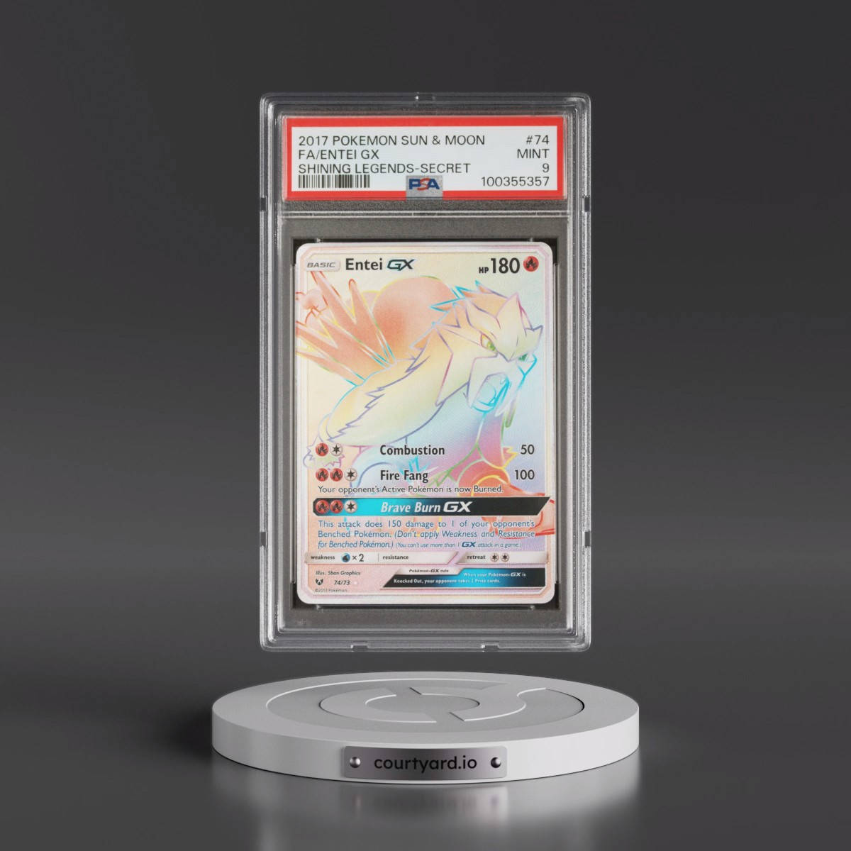 2017 Pokémon Sun & Moon Shining Legends #74 Entei GX - Holo Full Art Secret (PSA 9 MINT)