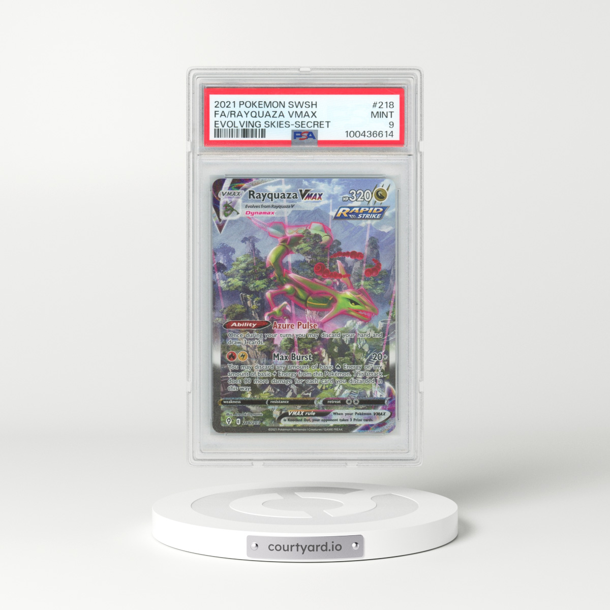 2021 Pokémon Sword & Shield Evolving Skies #218 Rayquaza Vmax - Full Art Secret (PSA 9 MINT)