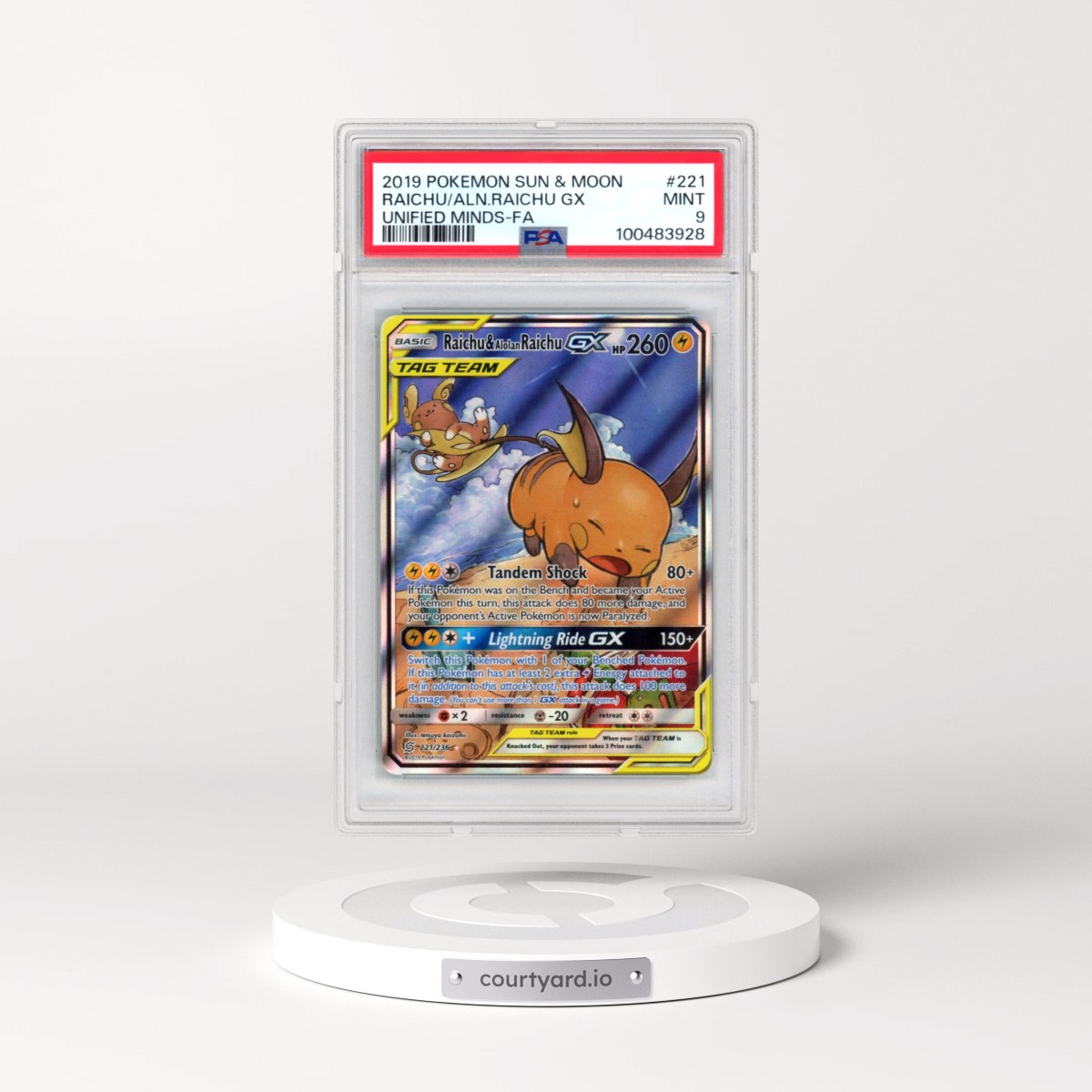 2019 Pokémon Sun & Moon Unified Minds #221 Raichu & Alolan Raichu GX - Holo Full Art (PSA 9 MINT)
