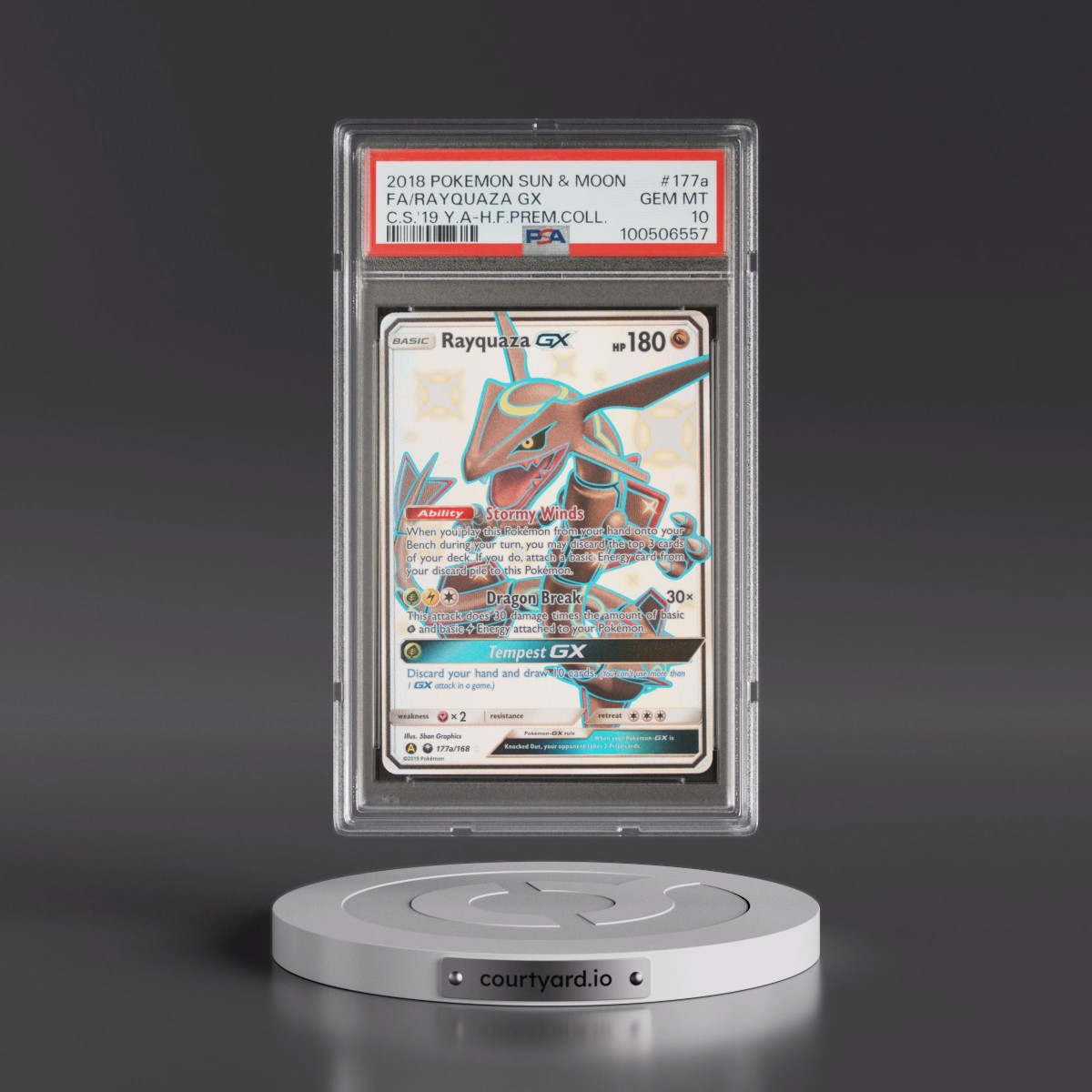 2018 Pokémon Sun & Moon Celestial Storm #177a Rayquaza GX - Holo Full Art 2019 Yellow A Hidden Fates Premium Collection (PSA 10 GEM MINT)