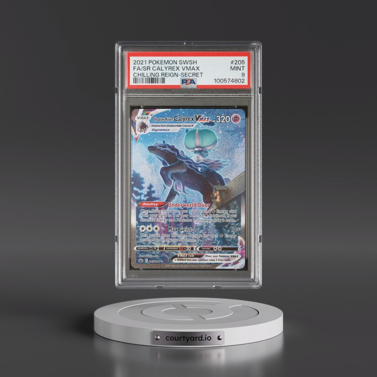2021 Pokémon Sword & Shield Chilling Reign #205 Shadow Rider Calyrex Vmax - Full Art Secret (PSA 9 MINT)