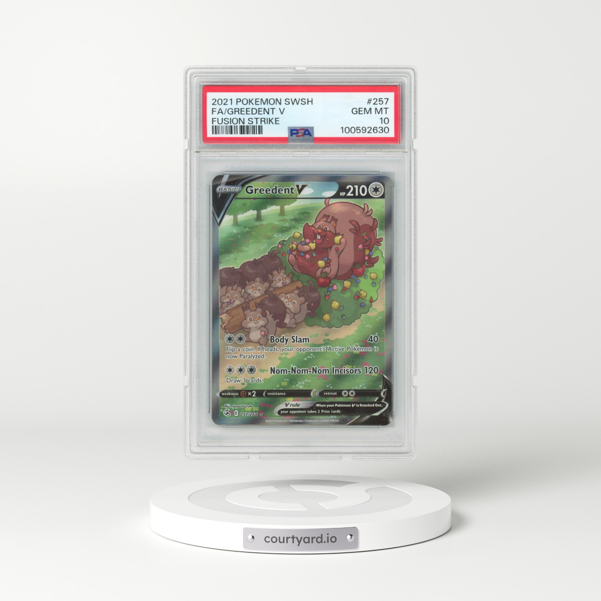 2021 Pokémon Sword & Shield Fusion Strike #257 Greedent V - Holo Full Art (PSA 10 GEM MINT)