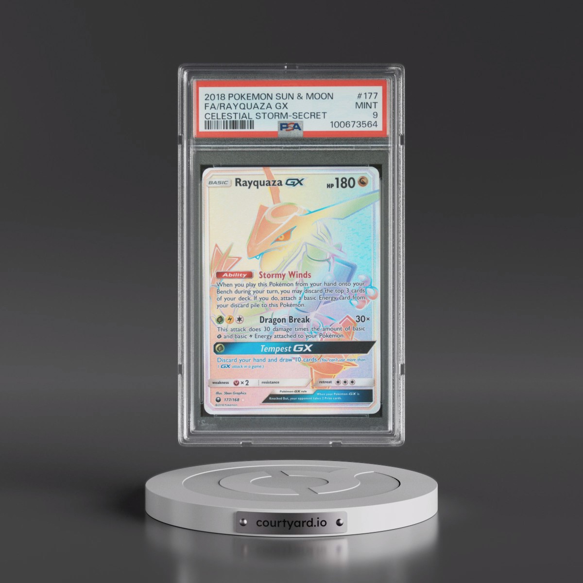 2018 Pokémon Sun & Moon Celestial Storm #177 Rayquaza GX - Holo Full Art Secret (PSA 9 MINT)
