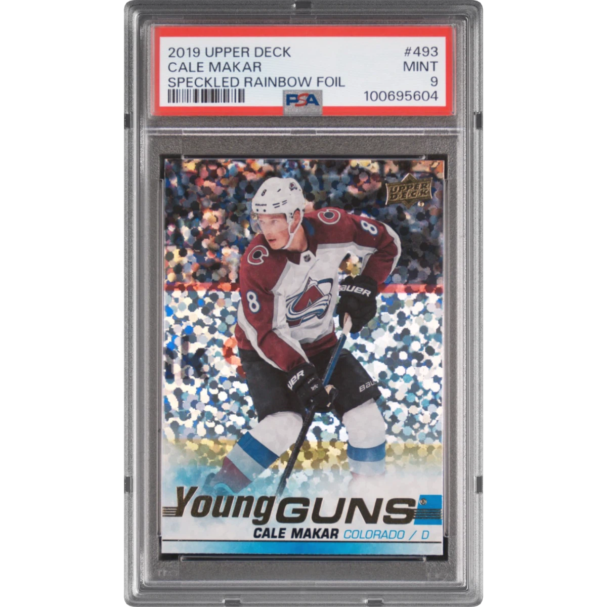 2019 Upper Deck #493 Cale Makar - Speckled Rainbow Foil, PSA 9