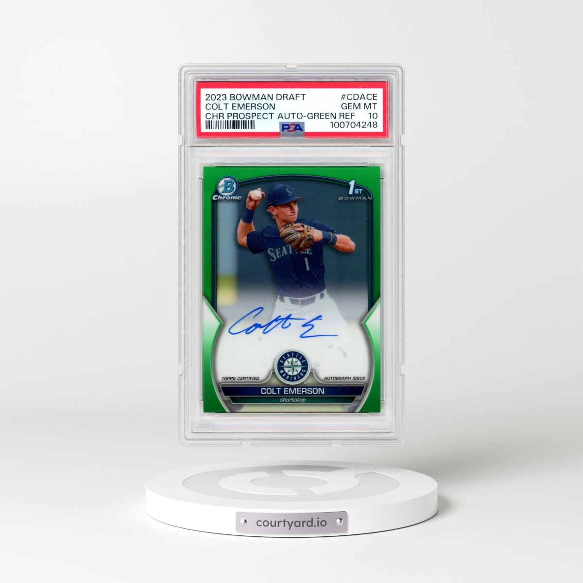 2023 Bowman Draft Chrome Prospect Autograph #CDACE Colt Emerson - Green Refractor (PSA 10 GEM MINT)
