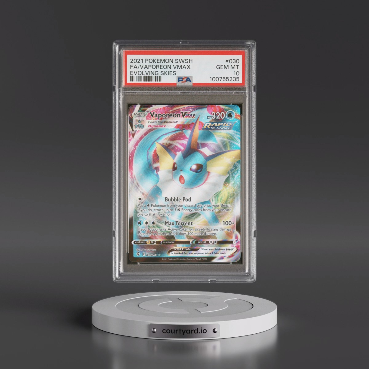 2021 Pokémon Sword & Shield Evolving Skies #030 Vaporeon Vmax - Full Art (PSA 10 GEM MINT)