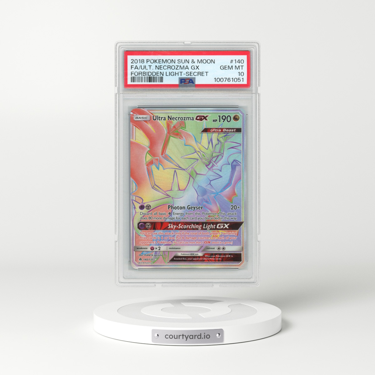 2018 Pokémon Sun & Moon Forbidden Light #140 Ultra Necrozma GX - Holo Full Art Secret (PSA 10 GEM MINT)