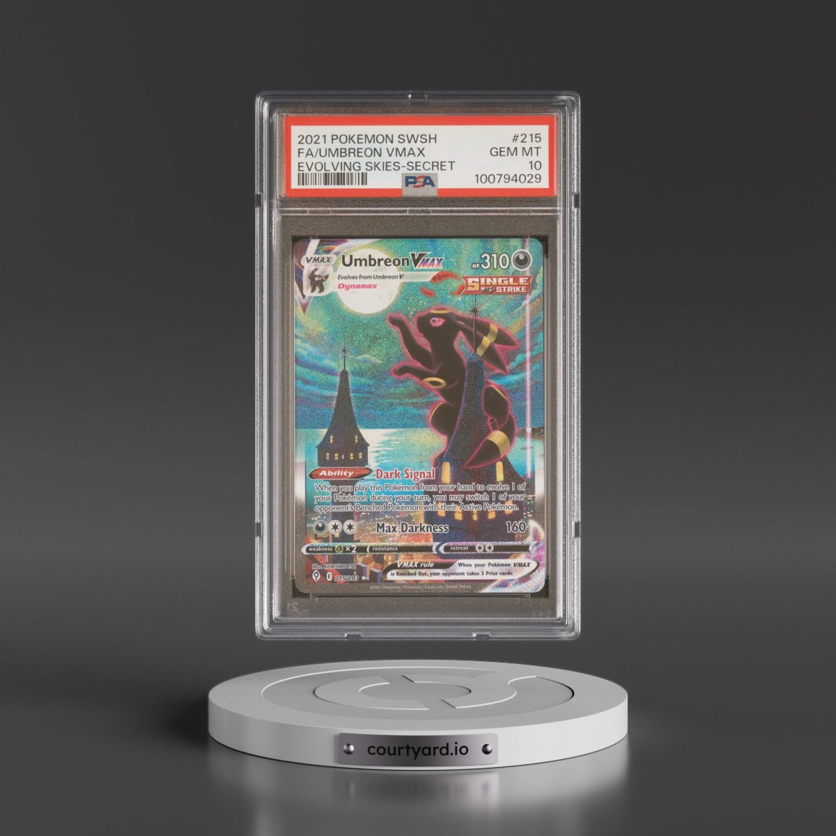 2021 Pokémon Sword & Shield Evolving Skies #215 Umbreon Vmax - Full Art Secret (PSA 10 GEM MINT)