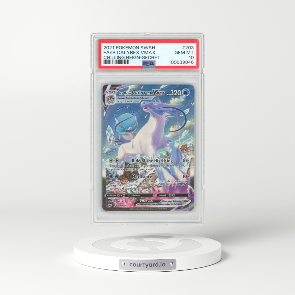 2021 Pokémon Sword & Shield Chilling Reign #203 Ice Rider Calyrex Vmax - Full Art Secret (PSA 10 GEM MINT)