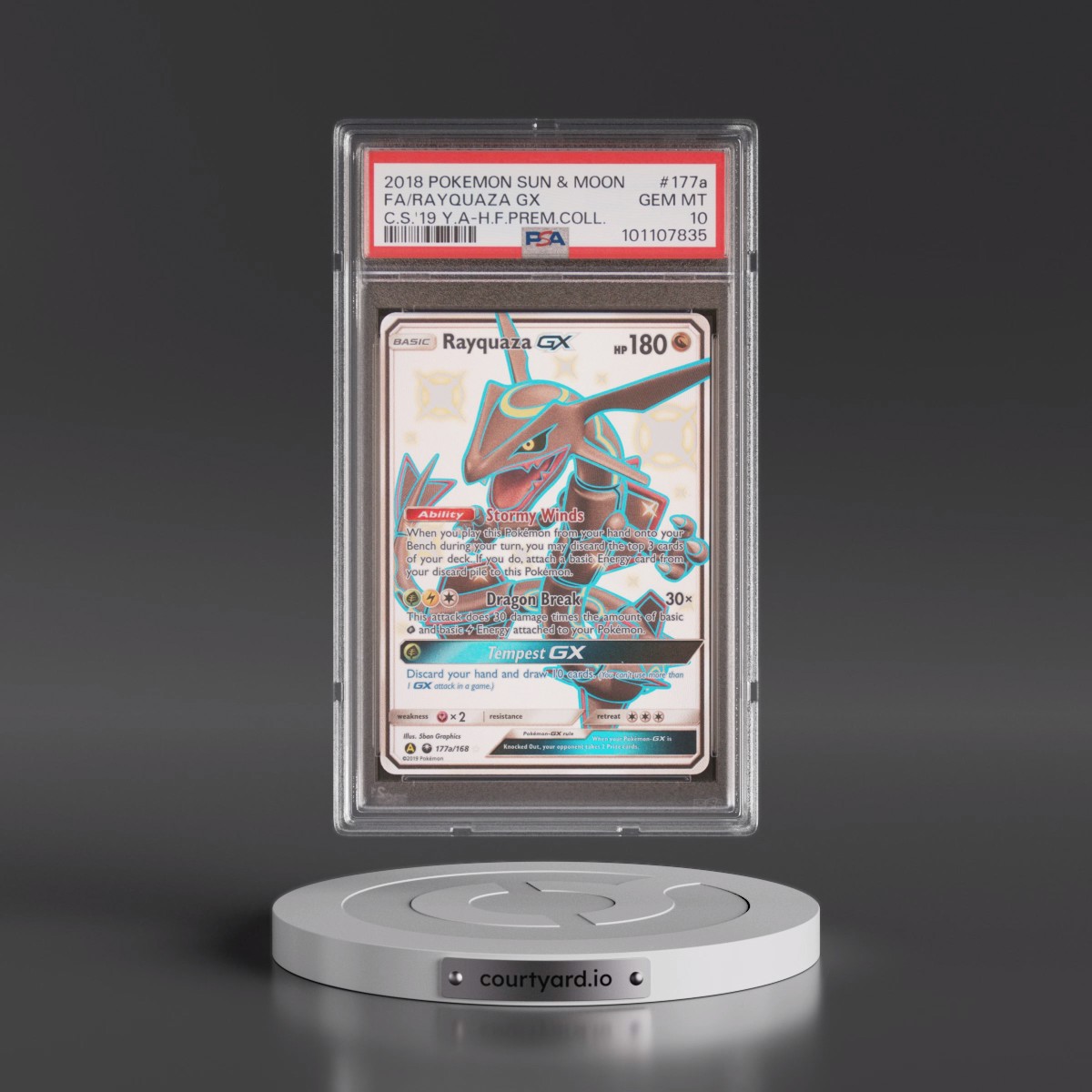 2018 Pokémon Sun & Moon Celestial Storm #177a Rayquaza GX - Holo Full Art 2019 Yellow A Hidden Fates Premium Collection (PSA 10 GEM MINT)