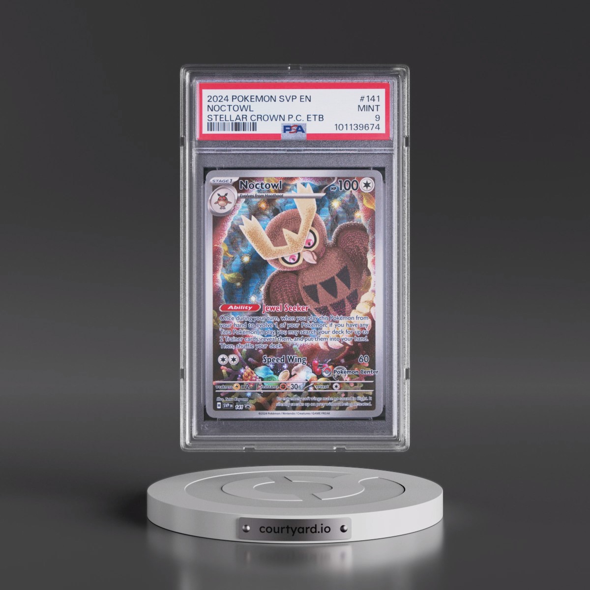 2024 Pokémon Svp EN-SV Black Star Promo #141 Noctowl - Stellar Crown Pokemon Center Elite Trainer Box (PSA 9 MINT)